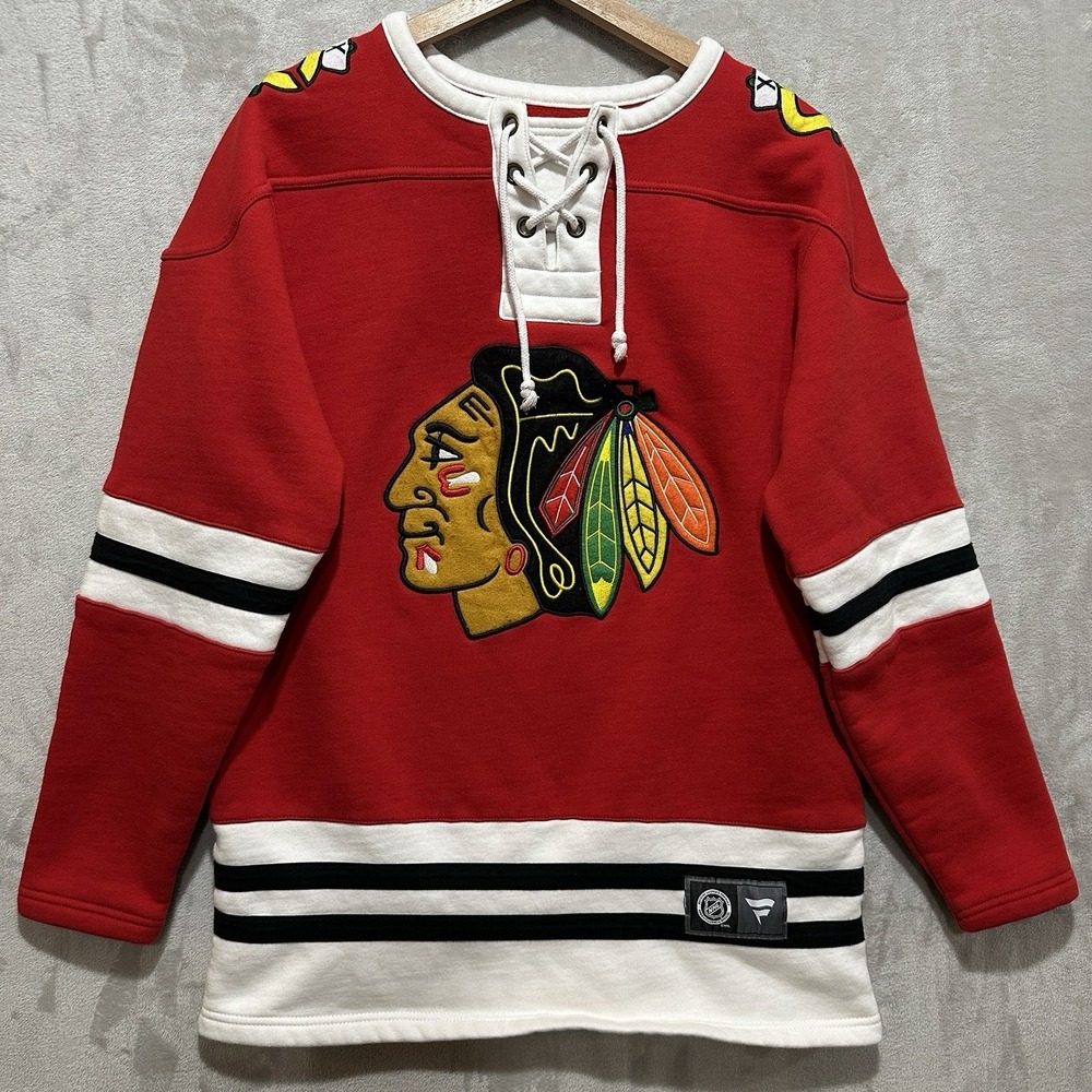 NHL Fanatics M Red Chicago Blackhawks Breakaway Lace Up Crew Pullover Sweatshirt